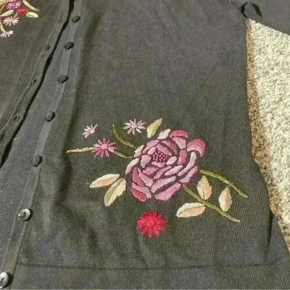 Apostrophe Sweater Womens Petite M Black Cardigan Floral 3/4 Sleeve - Picture 2 of 8